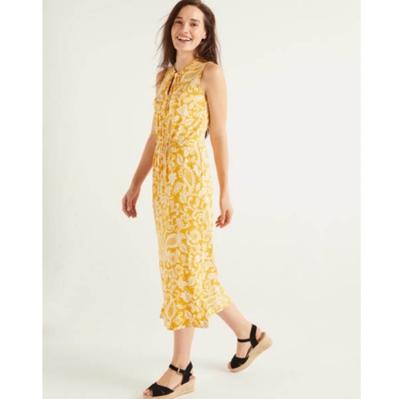 Boden Eliza Yellow Paisley Sleeveless Jersey Summer Midi Dress Size 2 - Picture 1 of 8